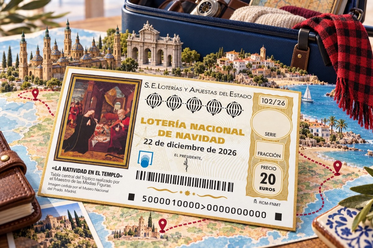D&eacute;cimo de la Loter&iacute;a de Navidad del 22 de diciembre de 2026 sobre un mapa con destinos de Espa&ntilde;a